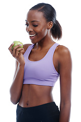Image showing Fitness, apple and wellness with happy black woman in studio isolated on white background for weight loss. Exercise, smile and fruit with confident young sports model training for health or nutrition