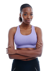 Image showing Portrait, fitness and confident with black woman arms crossed in studio isolated on white background. Exercise, health and workout with confident young sports model training for active wellness