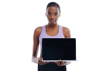 Image showing Portrait, fitness and laptop screen with black woman athlete in studio isolated on white background. Exercise, workout and computer display with confident young sports model advertising gym training