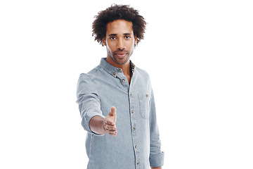 Image showing Smile, portrait and businessman in studio with handshake gesture for hiring, recruitment or onboarding. Happy, greeting and professional male person with shaking hands for welcome by white background