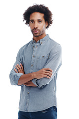 Image showing Fashion, crossed arms and portrait of man in studio with casual, trendy and denim shirt outfit. Serious, confident and young male person from Colombia with cool style isolated by white background.