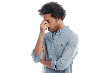 Image showing Stress, headache and man in studio with frustration for failure, crisis or mistake in career. Upset, migraine and young male person with burnout, brain fog or fatigue isolated by white background.