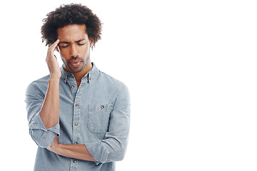 Image showing Man, hand and headache pain in studio or stress pressure with brain fog or burnout, vertigo or white background. Male person, temple and dizzy tension as migraine tinnitus or anxiety, tired or mockup