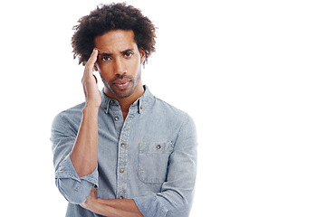 Image showing Man, portrait and headache pain in studio or stress pressure with brain fog or burnout, vertigo or white background. Male person, temple and tension as migraine tinnitus for fatigue, tired or mockup