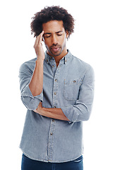 Image showing Man, headache and stress pain in studio with dizzy pressure for brain fog or burnout, vertigo or white background. Male person, temple and tension as migraine tinnitus for fatigue, tired or mockup