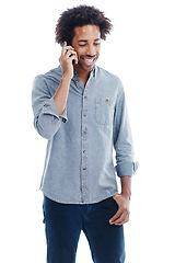 Image showing Man, phone call and communication in studio for talking conversation or white background, networking or mockup space. Male person, smartphone and connectivity tech for chat, contact us or discussion