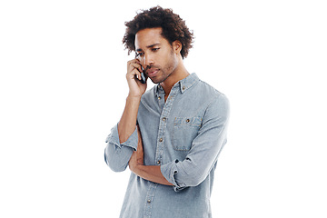 Image showing Man, phone call and communication concern in studio for conversation bad news, information or mockup space. Male person, cellphone and problem or speaking worry for chat, white background or crisis
