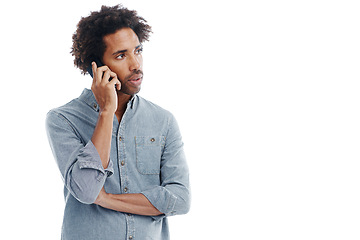 Image showing Man, phone call and thinking conversation in studio for communication thoughts, contact us or contemplating. Male person, cellphone and white background for startup speaking or wonder, idea or mockup