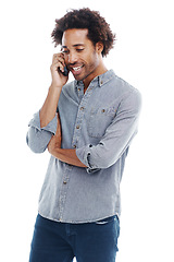 Image showing Man, phone call and communication in studio for speaking conversation or white background, networking or mockup space. Male person, smartphone and connectivity tech for chat, contact us or discussion