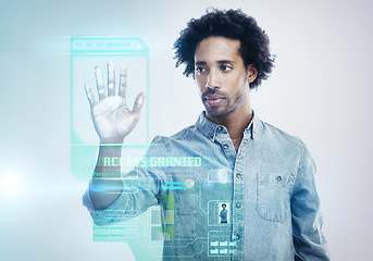 Image showing Man, hand and futuristic screen for biometric with cyber security for identification password, programming or white background. Male person, hologram and 3d technology software, scanning or overlay