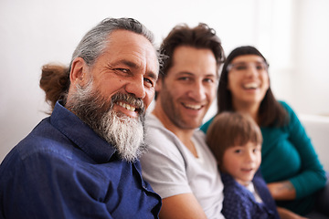 Image showing Family, portrait and parents, grandfather and child in living room, happy together with generations and love. Bonding, care and people relax at home with smile on face, trust and support in life