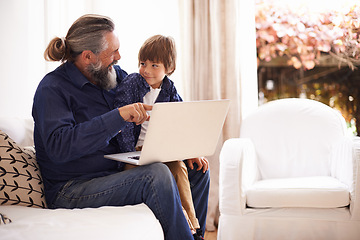 Image showing Grandfather, child or laptop on couch to relax, love or bonding together for cartoon in living room. Happy family, boy or computer for fun on internet games or streaming a movie subscription in home