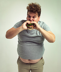 Image showing Obesity, weight gain and burger for man in studio with takeout for unhealthy eating, plus size and greed. Overweight person with meal in mouth and fat stomach for hunger, comedy and bite indoor