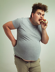 Image showing Man, fast food and eating hotdog for lunch in studio background for snack, hunger and craving for plus size guy. Male person, hungry and burger or takeaway meal for starving and enjoy while standing
