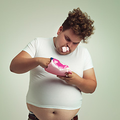 Image showing Food, hunger and marshmallow with plus size man in studio on gray background for unhealthy eating. Belly, hungry for sweets and candy with young person with snack bag or packet for greed or gluttony