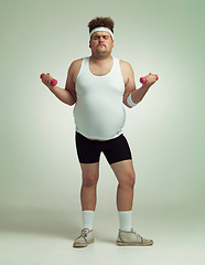 Image showing Plus size, man and dumbbells for exercise, training or workout in studio isolated on a white background mockup space. Body health, fitness and person weightlifting for weight loss, muscle or strength