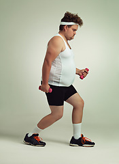 Image showing Man, lunge and dumbbell in studio for workout, plus size and exercise for weight loss on background. Male person, training and gym equipment for health, challenge and body development for fitness