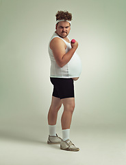 Image showing Man, portrait and dumbbell in studio for power, plus size and exercise for weight loss on background. Male person, training and gym equipment for strength, challenge and body development for fitness