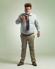 Image showing Man, portrait and face with beer foam, drink or party in obesity on a studio background. Male person or plus size model with glass, mug or alcohol in satisfaction for wine or booze on mockup space