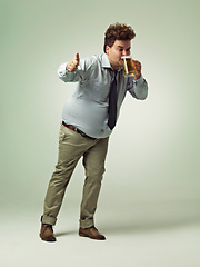 Image showing Man, portrait and thumbs up with beer for celebration, drink or party on a studio background. Male person or plus size model with like emoji, yes sign or OK for alcohol satisfaction on mockup space