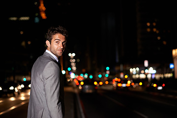 Image showing Businessman, portrait and city lights or dark night for financial advisor for corporate professional, building or late. Male person, face and suit with bokeh for urban traveling, street or commute