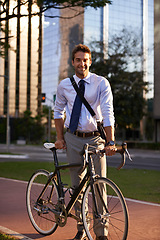 Image showing Bicycle, city and portrait of business man in street for travel, morning commute and walking to work. Professional, urban town and person with bike for cycling, sustainable and eco friendly transport