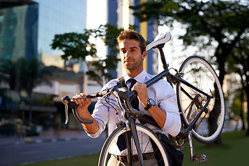 Image showing Morning, business man and bicycle for transportation, commute and carbon neutral in city. Professional, sustainable and male worker walking with bike for travel, journey or eco friendly in urban town