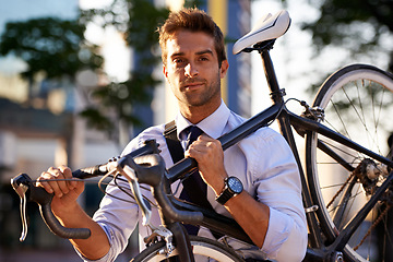 Image showing Portrait, cycling and business man for commute, transportation and carbon neutral in city. Professional, sustainable and face of male employee walking with bicycle for travel, journey or eco friendly