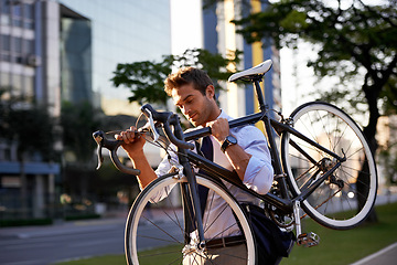 Image showing Morning, business man and bicycle for commute, transportation and carbon neutral in city. Professional, sustainable and male worker walking with bike for travel, journey or eco friendly in urban town