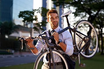 Image showing Morning, businessman and bicycle for sustainable travel, transportation and carbon footprint in city. Professional, commute and male employee walking with bike for cycling, journey or eco friendly