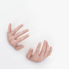 Image showing Hands, manicure and woman in milk bath for beauty, spa and hydration treatment at home. Self care, nails and closeup of female in dairy liquid water for hygiene, clean and soft skin routine.