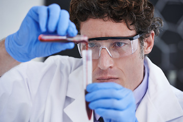 Image showing Science, research and man with blood in test tube for biotech engineering, pathology and analysis. Laboratory, investigation and scientist checking DNA sample for medical study in vaccine development