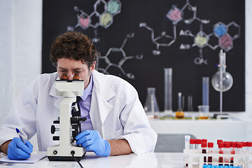 Image showing Science, notes and man with microscope for research in chemistry, pathology and university class. Laboratory, investigation and scientist writing report on blood test for medical study with results