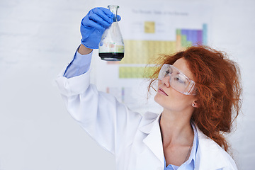 Image showing Science, liquid and woman with container for research in chemistry, test safety and vaccine development. Laboratory, investigation and scientist with chemical DNA solution in glass for medical study