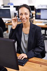 Image showing Call center, portrait and woman in office consulting for lead generation, contact us or faq. Telemarketing, face and happy female consultant with microphone for customer support, help or b2b service