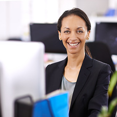 Image showing Business woman, portrait and office administrator at a computer with a smile and ready for digital work. Tech, desk and happy professional with online job and confidence from company admin career