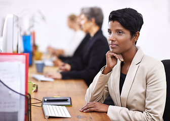 Image showing Business woman, thinking and planning with computer at office for career, job or vision. Female person or employee in wonder or thought for planning, brainstorming or schedule reminder at workplace