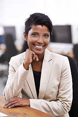 Image showing Happy woman, portrait and business with confidence for career, startup or job at the office. Face of young female person or employee with smile, positive attitude or ambition in pride at workplace