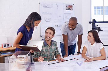 Image showing Architecture, people and collaboration with drawing on blueprint in office for building design, remodeling project and layout plan. Teamwork, architect and happy employees with development planning