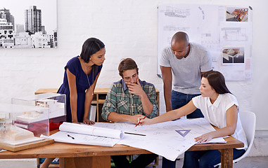 Image showing Architecture, people or teamwork with planning on blueprint in office for building design, remodeling project or strategy layout. Collaboration, architect or meeting for development plan with drawing