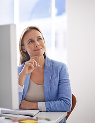 Image showing Office, thinking and woman at computer with smile, insight and inspiration at startup. Happy businesswoman, consultant or professional at desk with ideas, notes and online research for business plan