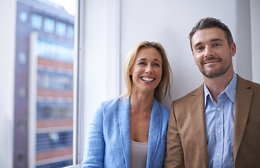 Image showing Corporate, teamwork and portrait of business people in office for collaboration, partnership and working together. Professional, happy workers and man and woman with confidence for career and job