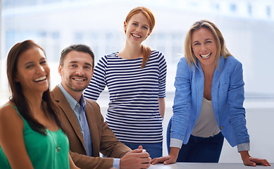 Image showing Portrait, office and group of happy business people with confidence, opportunity or creative collaboration. Consultant, man and women with smile, trust and pride for professional teamwork at startup