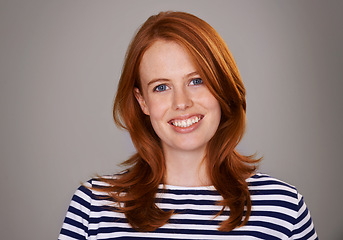 Image showing Red head, gray background and portrait of business woman with smile for career, work and job. Professional, happy and isolated person with confidence, company pride and positive attitude in studio