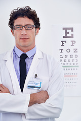 Image showing Man, optician and portrait for eye exam consultation or vision testing or prescription lens, glaucoma or confidence. Male person, glasses and ophthalmology checkup at clinic or advice, care or health