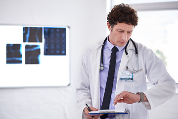 Image showing Doctor, man and check time in hospital with clipboard for neurology with thinking, schedule or planning. Medic, checklist and watch or wristwatch with document, idea or review for healthcare results