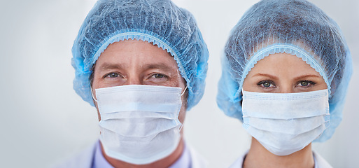 Image showing Face mask, doctors and portrait with surgery and safety gear for healthcare and wellness job. Hospital, ppe and people in clinic with working and health protocol in facility with care and staff