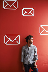 Image showing Businessman, entrepreneur and thinking of idea by wall with communication agency for email marketing career. African person, employee and thoughtful for message notification icon with mockup space