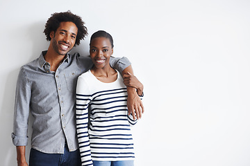 Image showing Couple, happiness and portrait by white wall with hug for romance, support and healthy relationship with mockup. Black woman, and face of man with embrace for trust, comfort and affection with relax