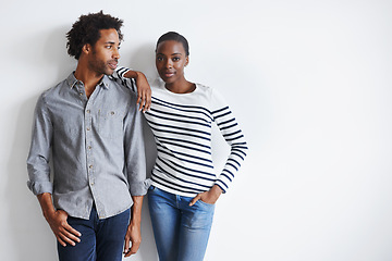 Image showing Couple, happiness and portrait by white wall with embrace for romance, support and healthy relationship with mockup. Black woman, and face of man with hug for trust, comfort and affection with relax